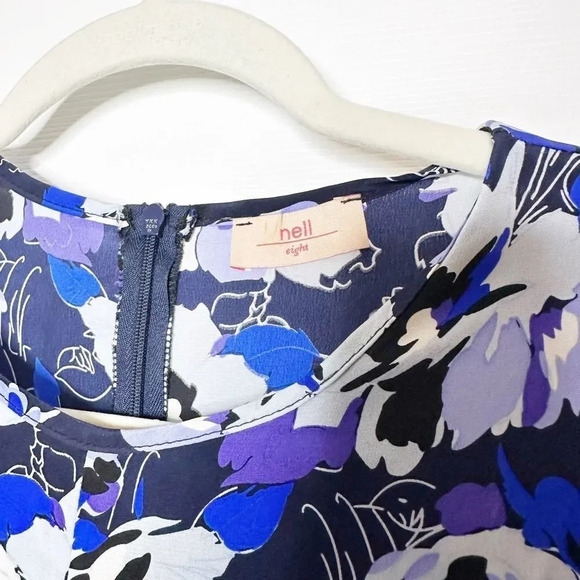NELL 100% Silk Size 8 Short Sleeve Blue Floral Drop Waist Dress - Picture 2 of 5